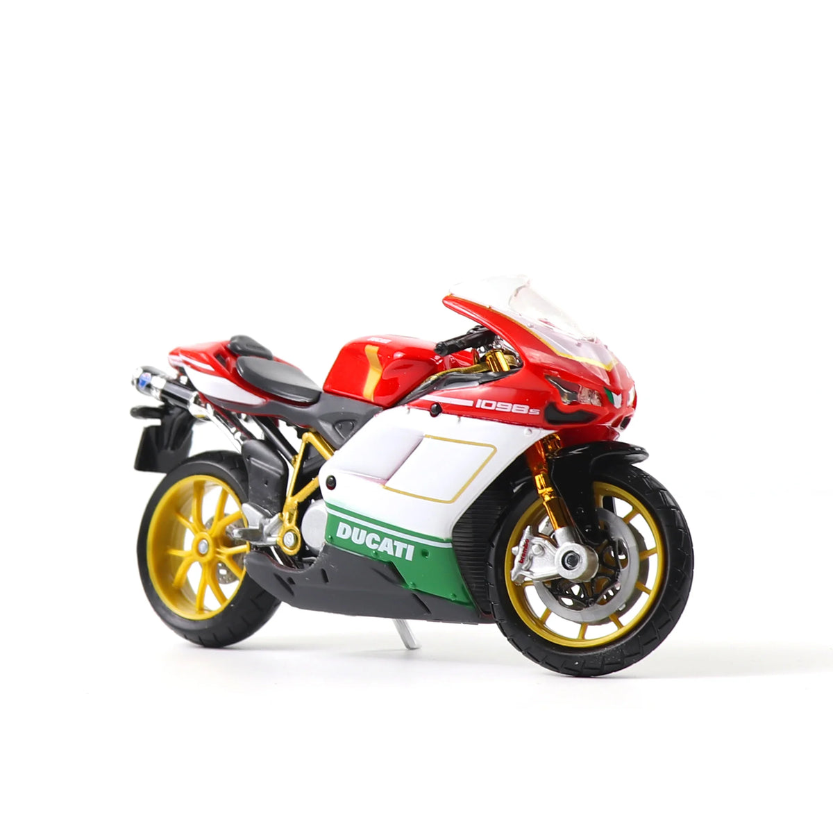 Maisto Ducati 1098S motorcycle model in red and green with gold wheels, side view