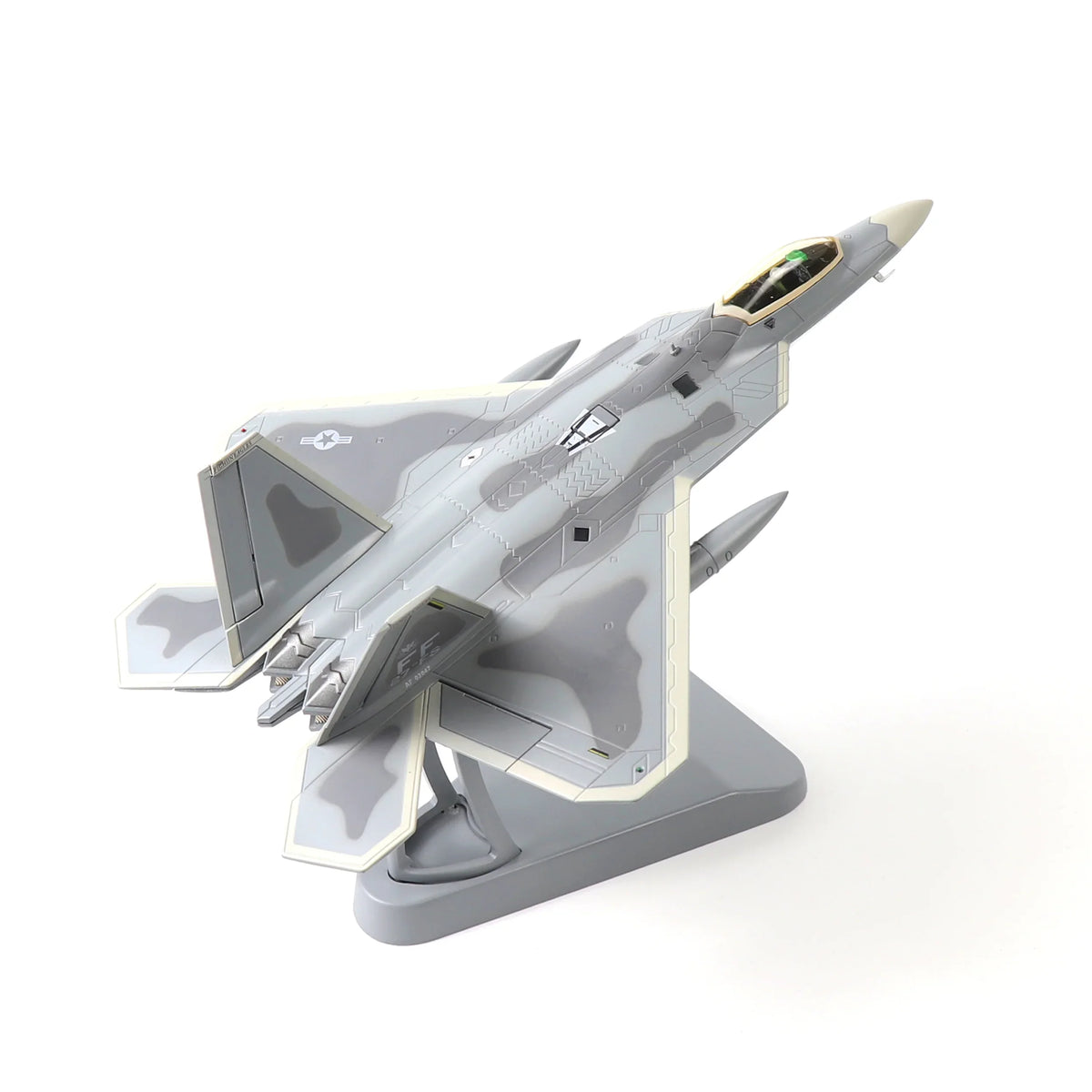 NUOTIE F-22 Raptor diecast metal model aircraft with stand, top view