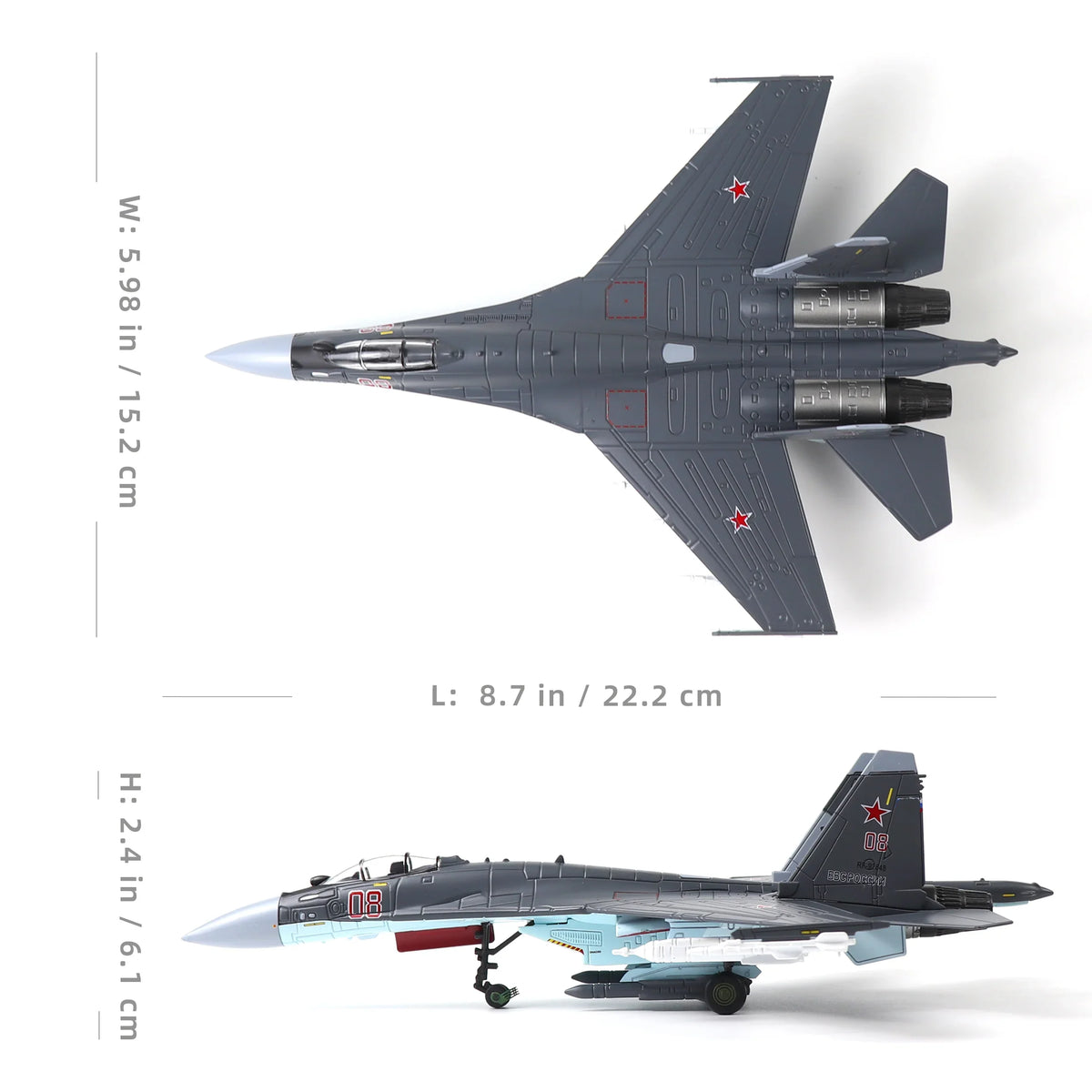 NUOTIE Model Sukhoi SU-35 diecast metal model in gray and blue, top view with dimensions