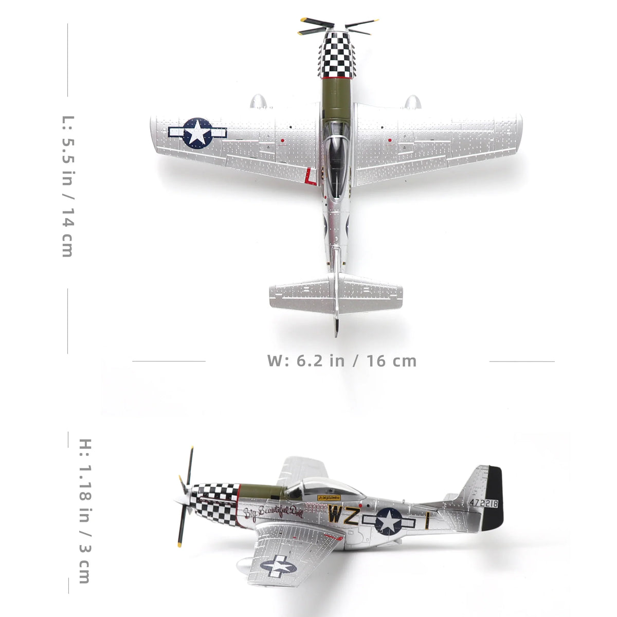 AF1 P-51D Mustang diecast model aircraft top view with checkered nose