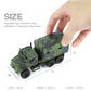 Hand holding the 1:64 scale military truck, showing its compact size with dimensions labeled.