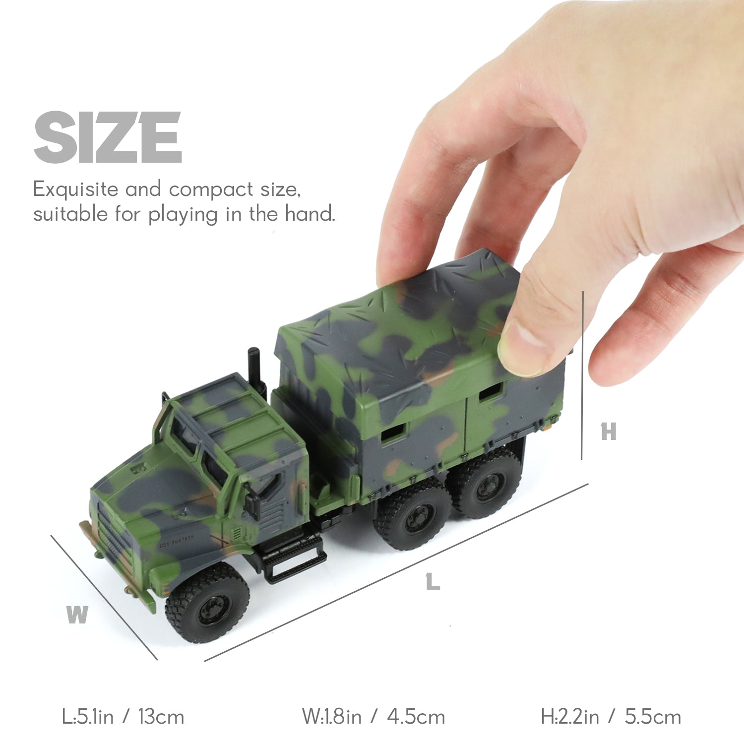 Hand holding the 1:64 scale military truck, showing its compact size with dimensions labeled.