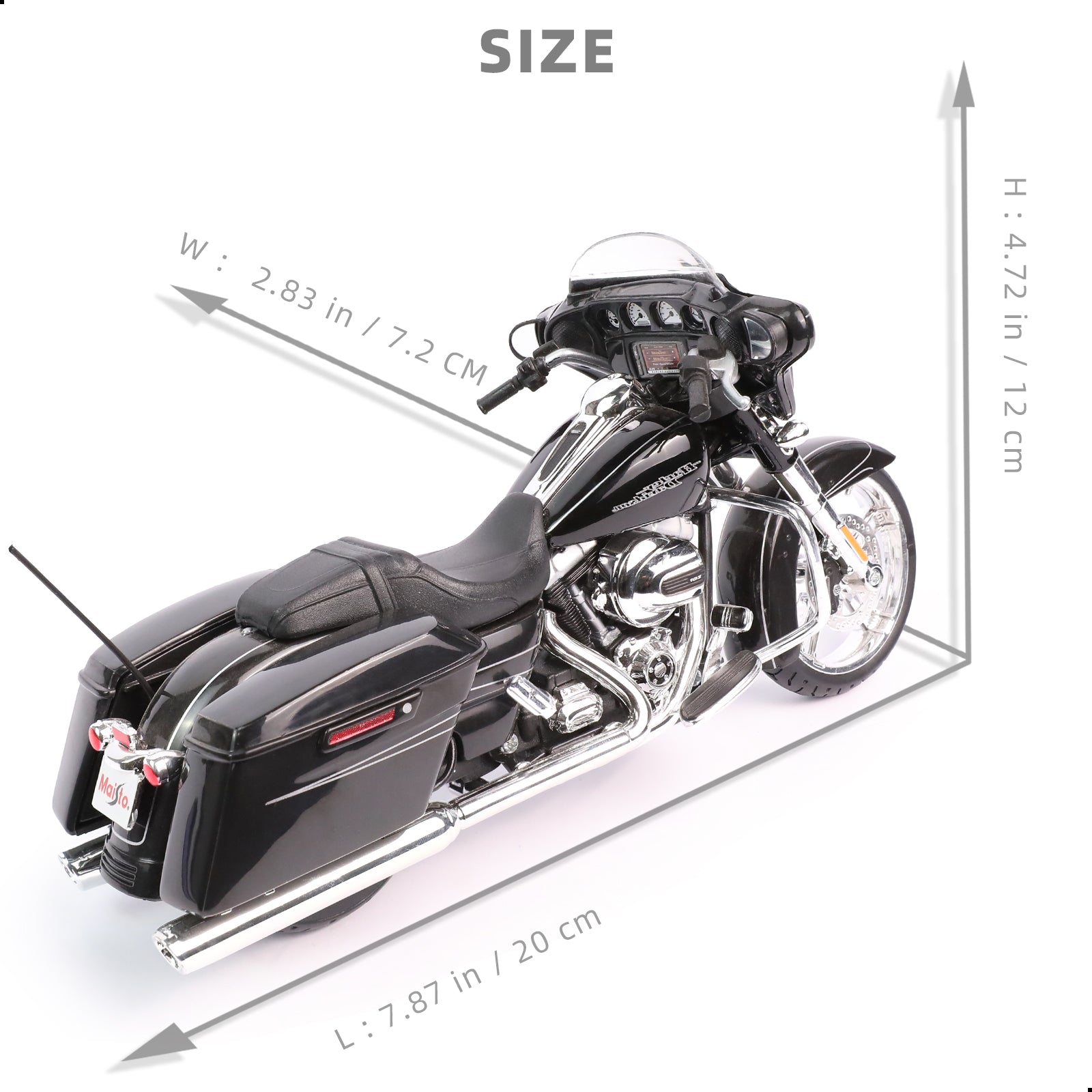 Maisto 2015 Street Glide Special motorcycle toy in black, rear view with size dimensions