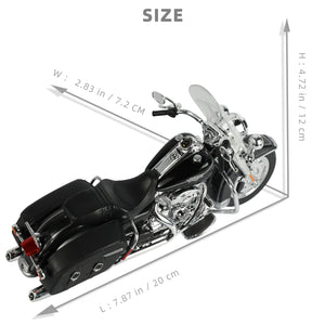 Maisto 2013 Flhrc Road King Classic motorcycle toy in black, top view with dimensions