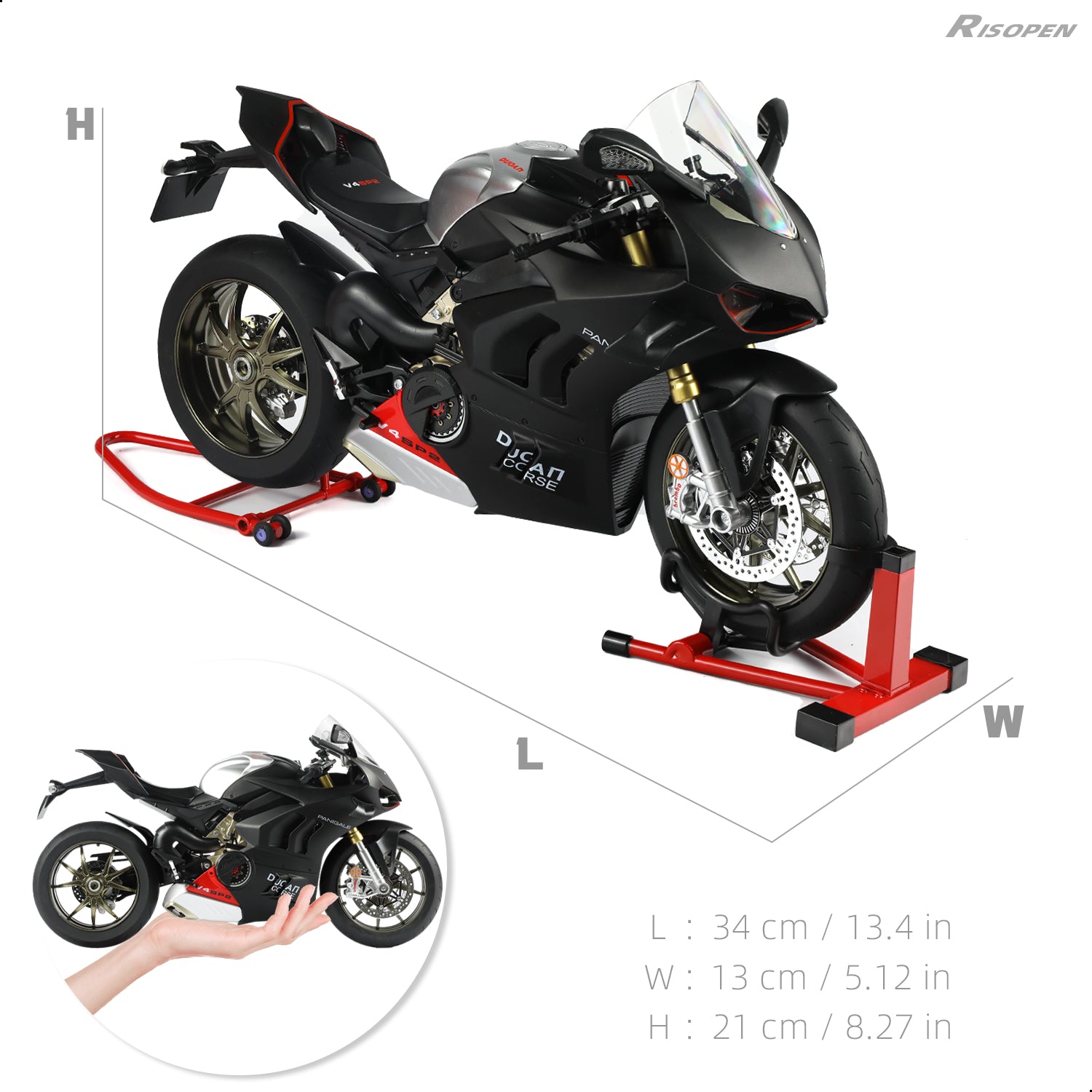 Ducati Panigale V4 SP2 motorcycle model next to a hand for size reference, showing dimensions of 34 cm x 13 cm x 21 cm.
