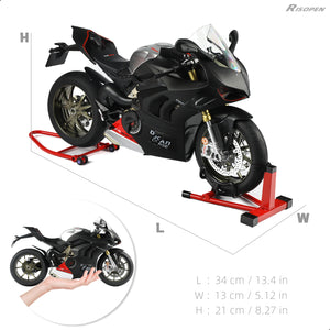 Ducati Panigale V4 SP2 motorcycle model next to a hand for size reference, showing dimensions of 34 cm x 13 cm x 21 cm.
