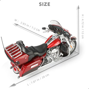 Maisto Electra Glide Ultra Limited motorcycle toy in red, top view with dimensions