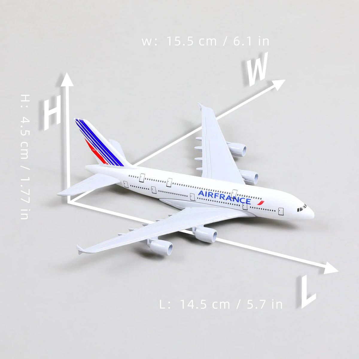 QIYUMOKE Airbus A380 Air France model top view with dimensions displayed