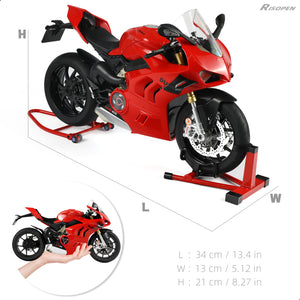 Ducati motorcycle model with dimensions labeled, displayed on a stand with a close-up view.