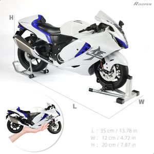 1:6 scale Suzuki Hayabusa motorcycle model held in hand for size reference, showing dimensions and details.