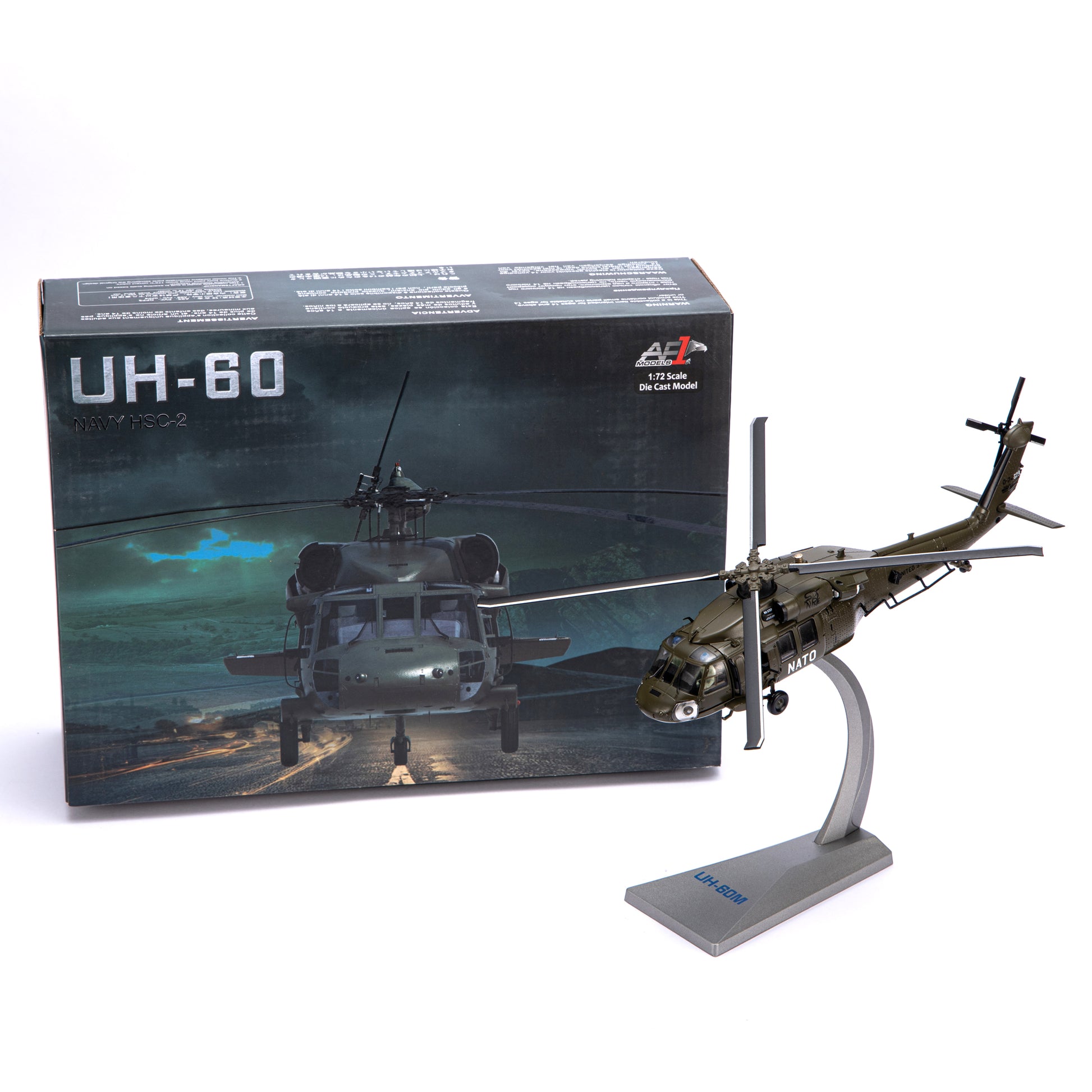 NUOTIE Model Sikorsky UH-60 Black Hawk diecast metal model in black with stand, displayed next to packaging.
