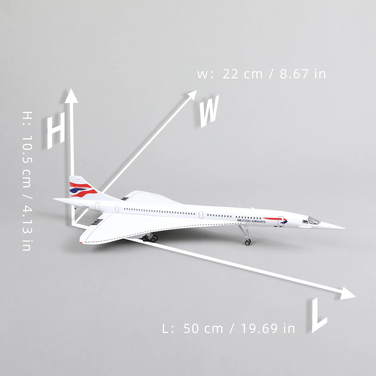 QIYUMOKE Concorde airplane model with dimensions displayed, showing length and height.