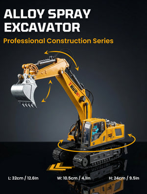 13-Ch RC Excavator with 4 Batteries, Alloy Metal Construction Toy for Boys, Remote Control Vehicle with Water Spray & Sound