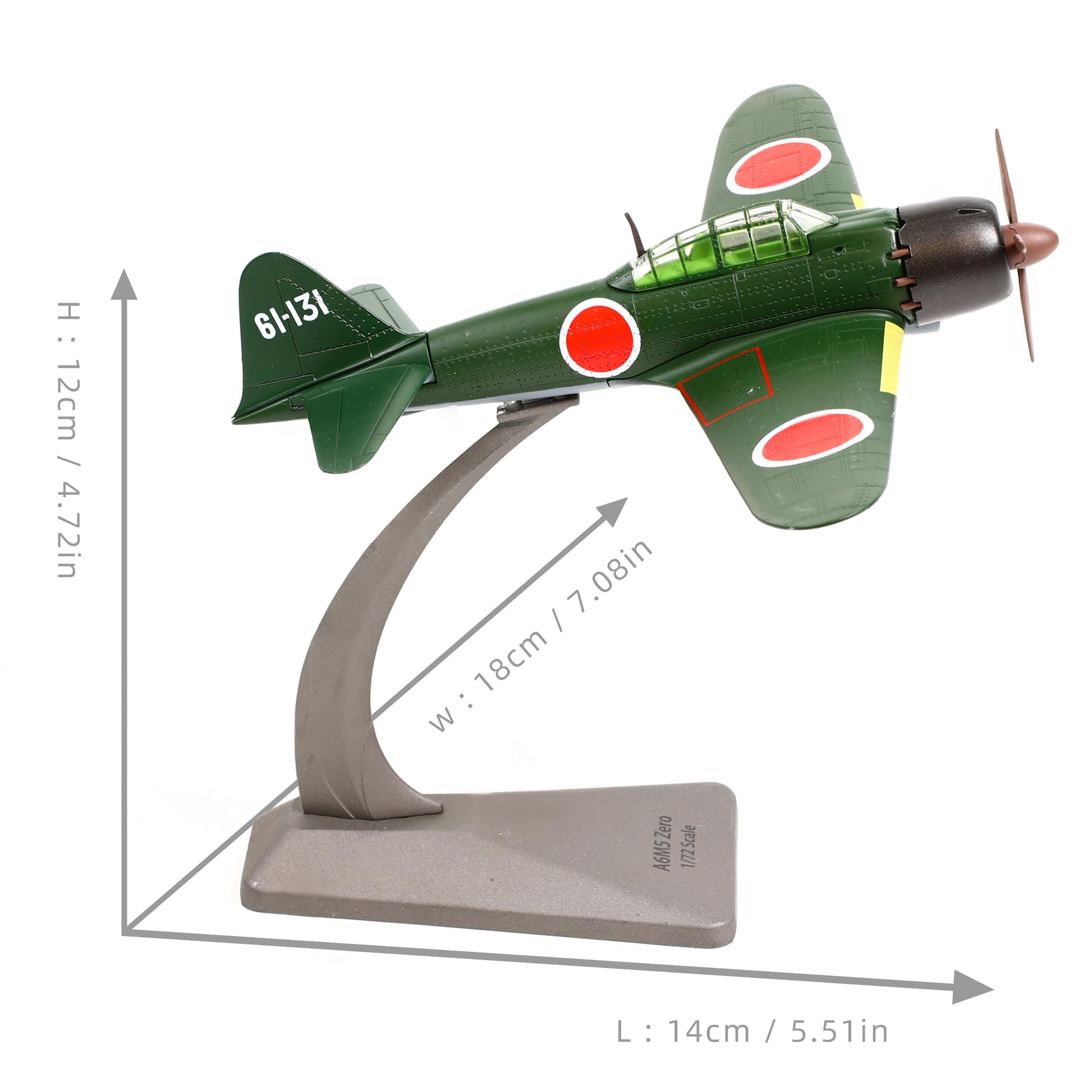 NUOTIE Model A6M5 Zero model in navy and red, aircraft on display stand, top view with dimensions