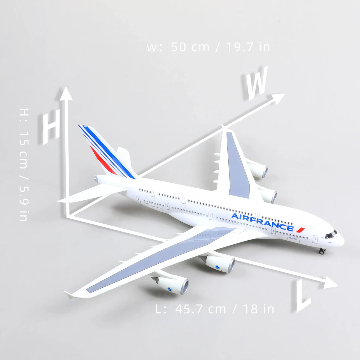 QIYUMOKE Airbus A380 model in Air France livery, top view with dimensions marked.