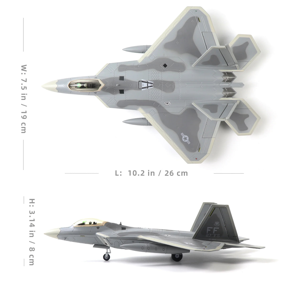 NUOTIE F-22 Raptor diecast metal model aircraft, side view with dimensions