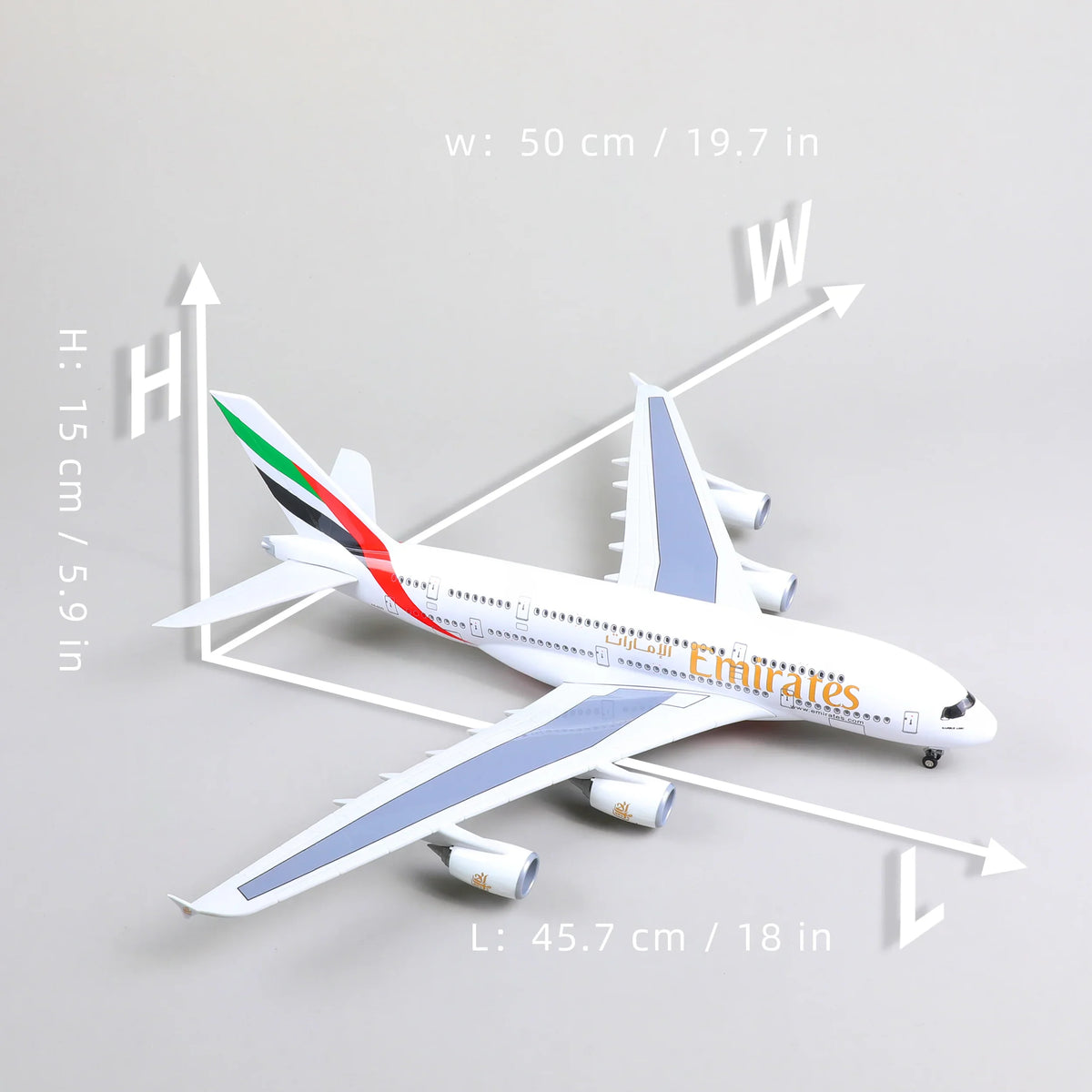 QIYUMOKE Airbus A380 Emirates diecast airplane model top view with dimensions