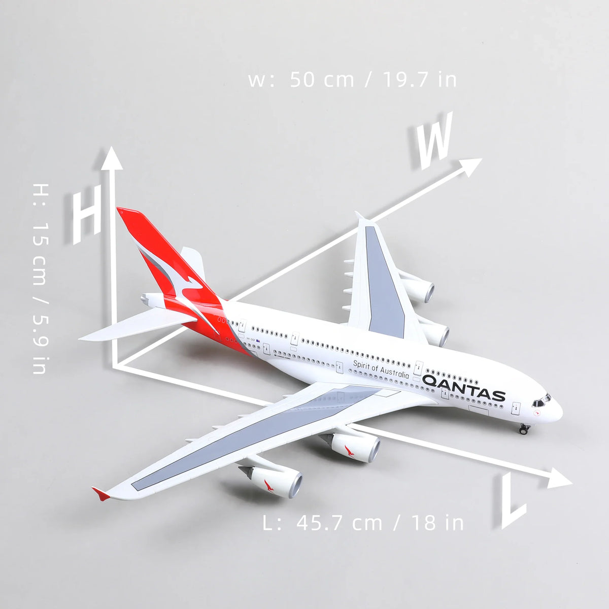QIYUMOKE Airbus A380 Qantas airplane model with dimensions displayed on a gray background
