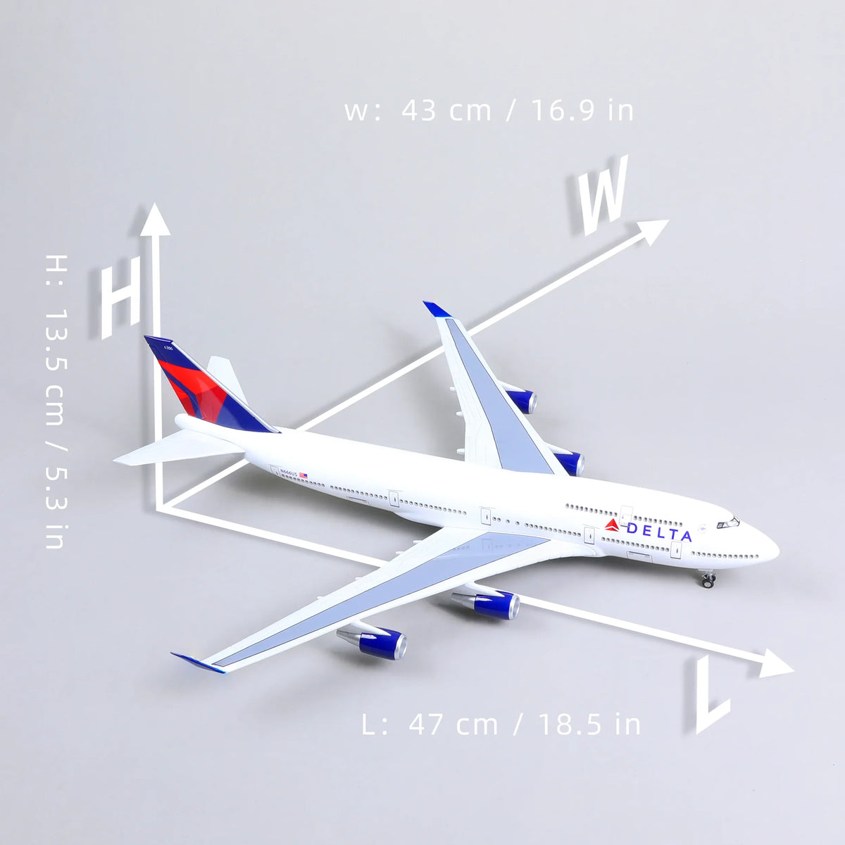 QIYUMOKE Boeing 747 Delta Airlines diecast airplane model top view with dimensions displayed