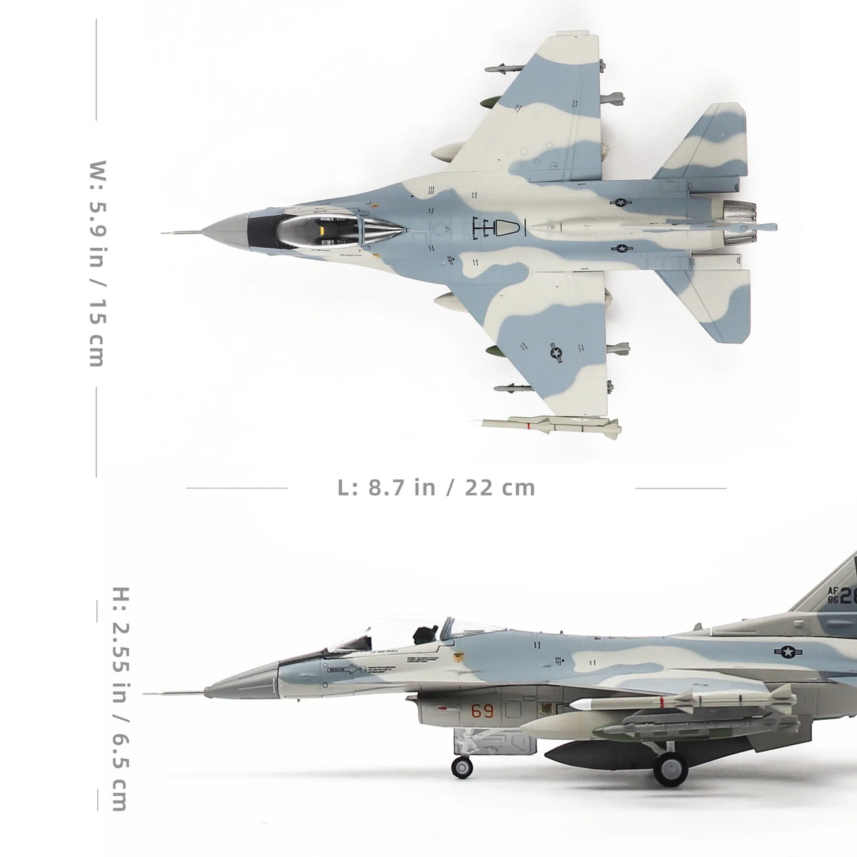 NUOTIE F-16C Fighting Falcon model in navy, top view with dimensions