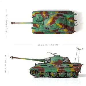 Top and side views of the 1:72 die-cast WWII German Tiger II King Tiger tank model with dimensions labeled.