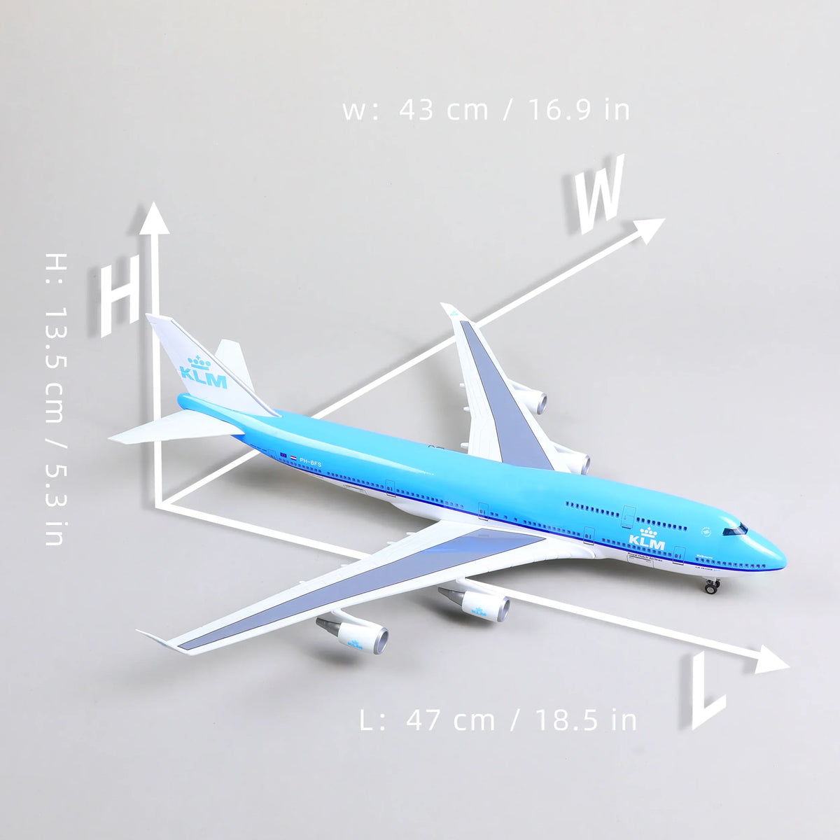 QIYUMOKE Boeing 747 KLM diecast airplane model in blue, side profile with dimensions