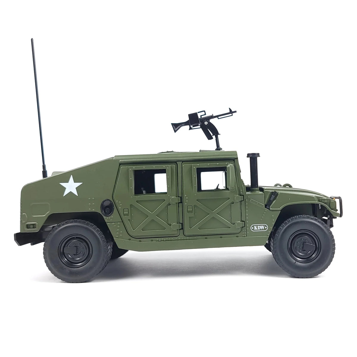 Side view of the military Hummer H1 model with a mounted gun and antenna.
