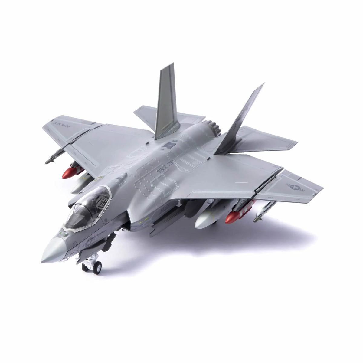 NUOTIE F-35C Lightning II diecast model in navy with stand, underside view