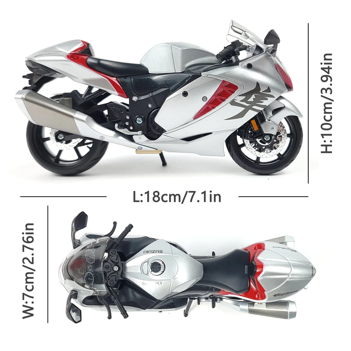 Top and side view of the Suzuki Hayabusa model showing dimensions: L: 18cm, W: 7cm, H: 10cm.