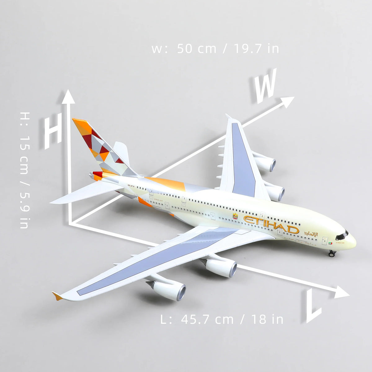 QIYUMOKE Airbus A380 Etihad Airways model with dimensions displayed on a gray background