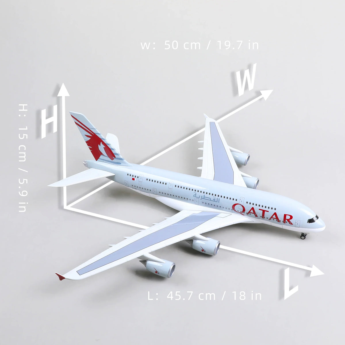 QIYUMOKE Airbus A380 Qatar Airways diecast airplane model top view with dimensions marked