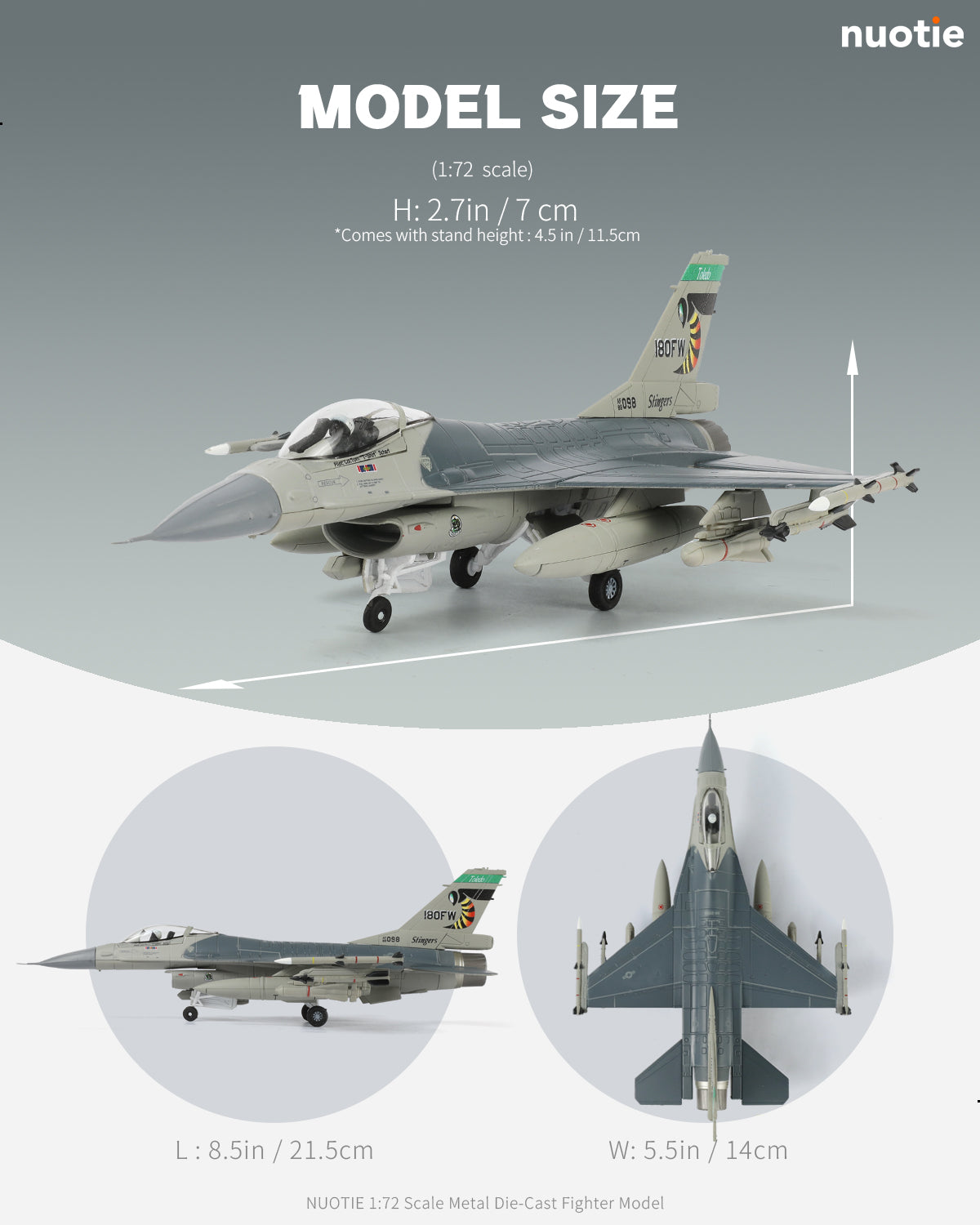 NUOTIE F-16 Fighting Falcon model size comparison with dimensions, top view