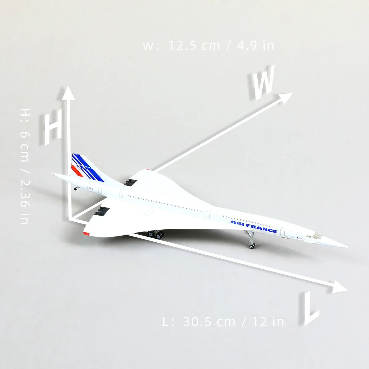 QIYUMOKE Concorde Air France diecast airplane model with dimensions displayed
