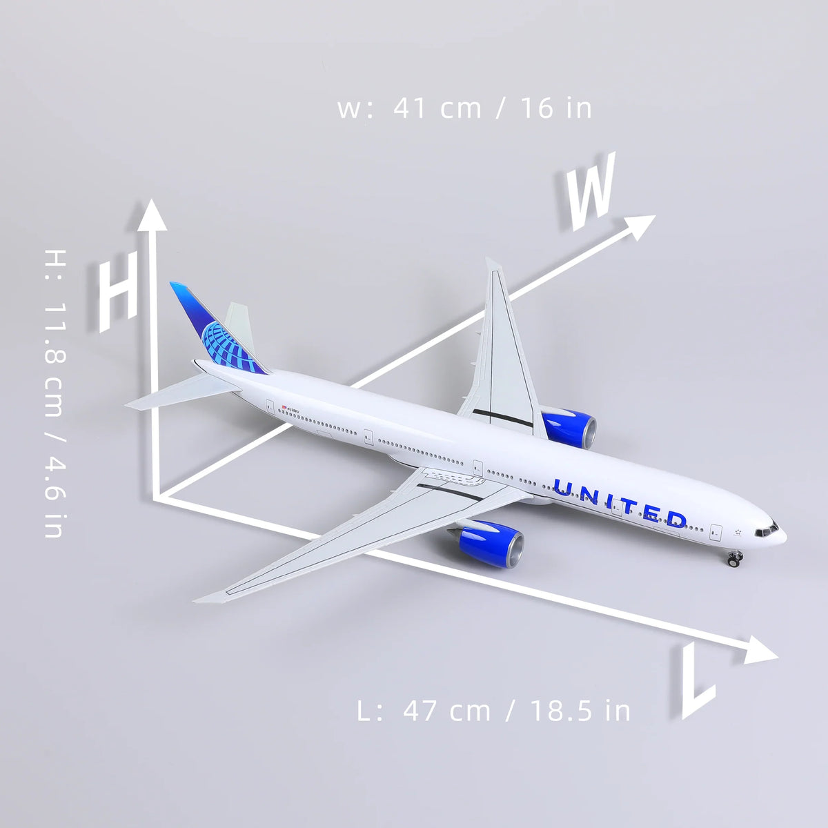 QIYUMOKE Boeing 777-300ER United Airlines airplane model with dimensions displayed