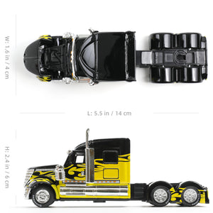 Top view of the die-cast International Lonestar semi truck model with dimensions labeled.