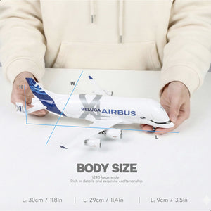 Person holding the QIYUMOKE A330 Beluga model, showing its size with dimensions labeled.