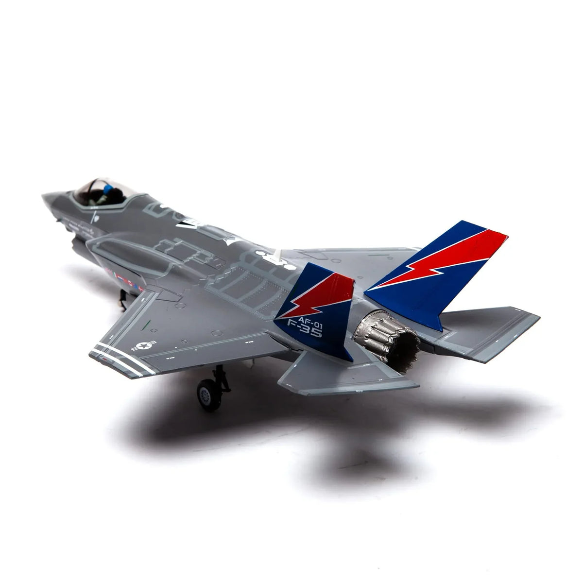 NUOTIE F-35A Lightning II model in navy with red and blue tail, rear view