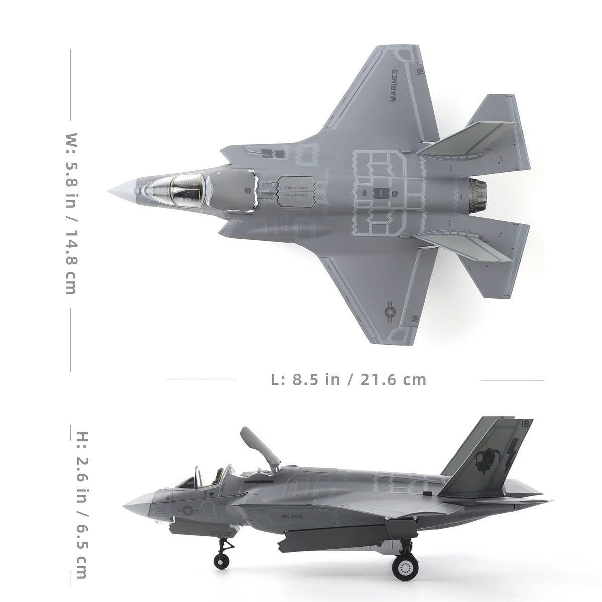 NUOTIE F-35B Lightning II diecast model aircraft top view with dimensions