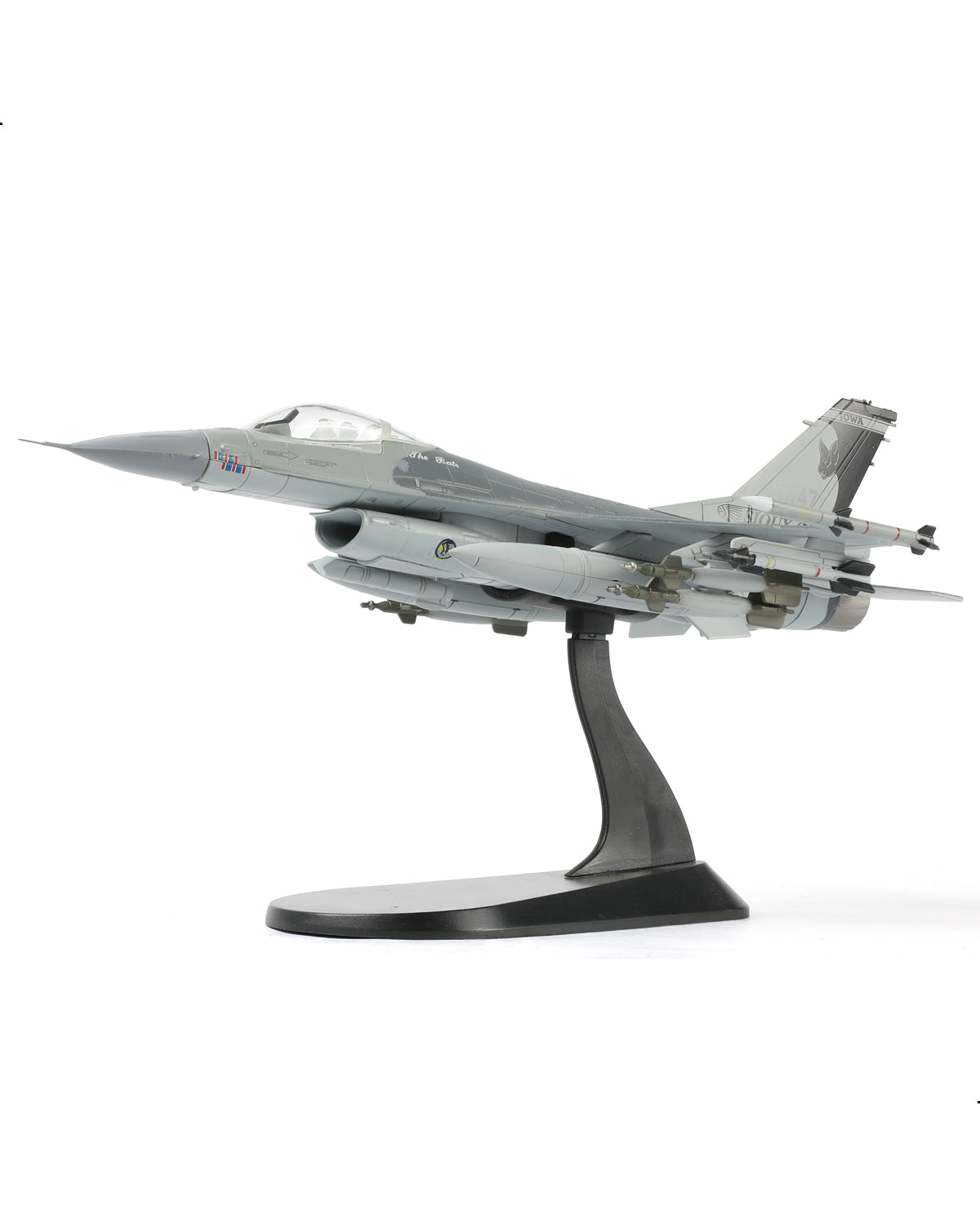 NUOTIE F-16 Fighting Falcon diecast model in black and gray, side profile on display stand