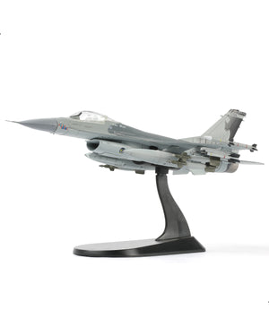 NUOTIE F-16 Fighting Falcon diecast model in black and gray, side profile on display stand