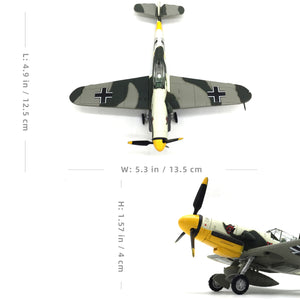 NUOTIE Model Messerschmitt Bf-109 diecast metal model in jungle camouflage, detailed view with dimensions