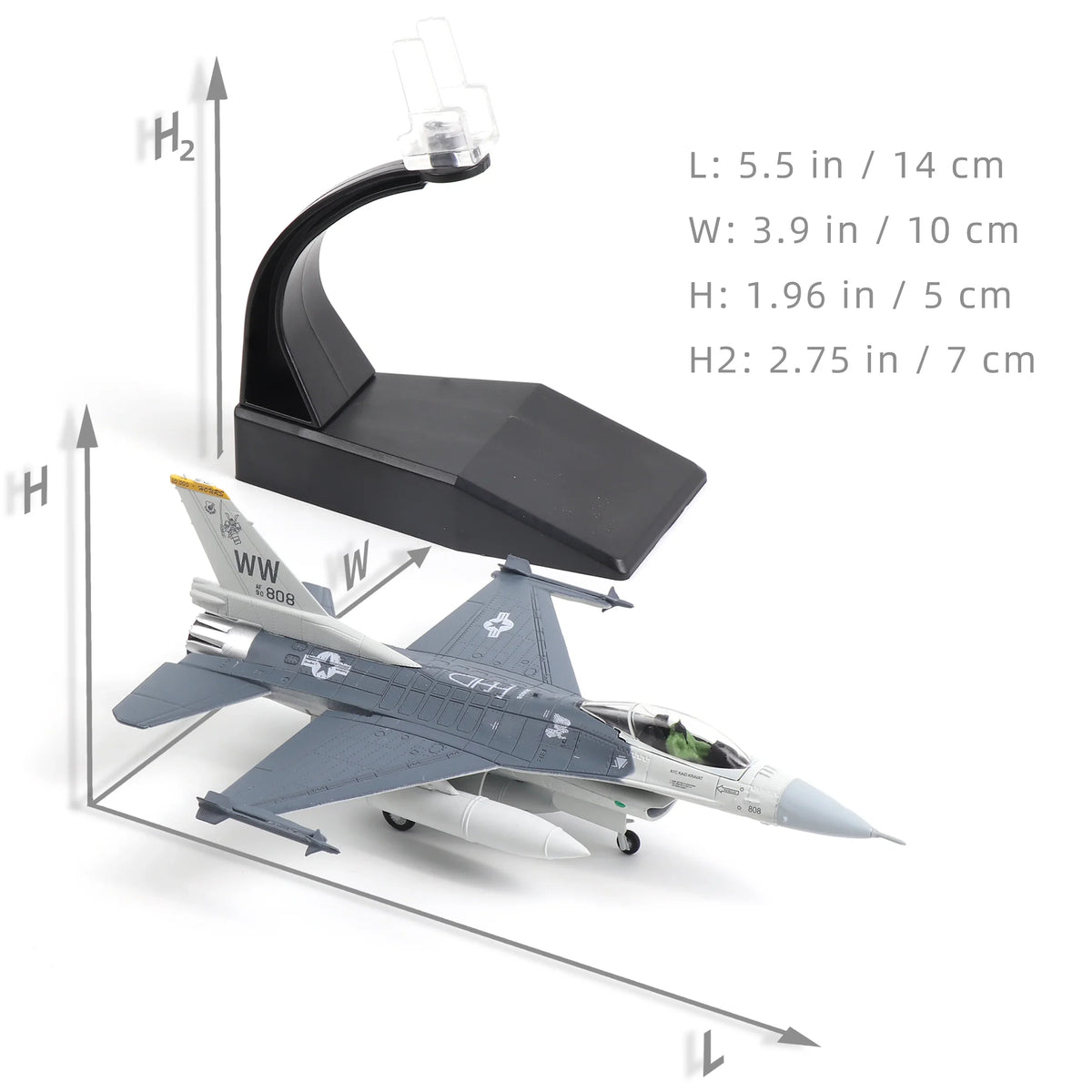 NUOTIE Model F-16C Fighting Falcon diecast model aircraft with display stand and dimensions