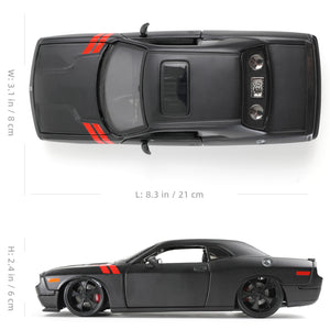 Maisto 2008 Dodge Challenger muscle car model in black with red stripes, top view with dimensions