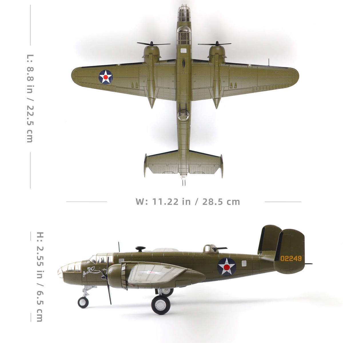 NUOTIE Model B-25B Mitchell diecast metal aircraft in olive green, side view with dimensions