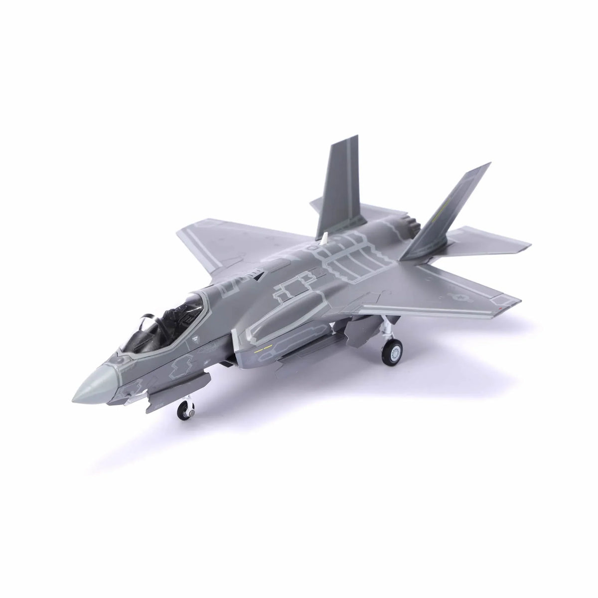 NUOTIE F-35A Lightning II diecast model in gray, side view with landing gear
