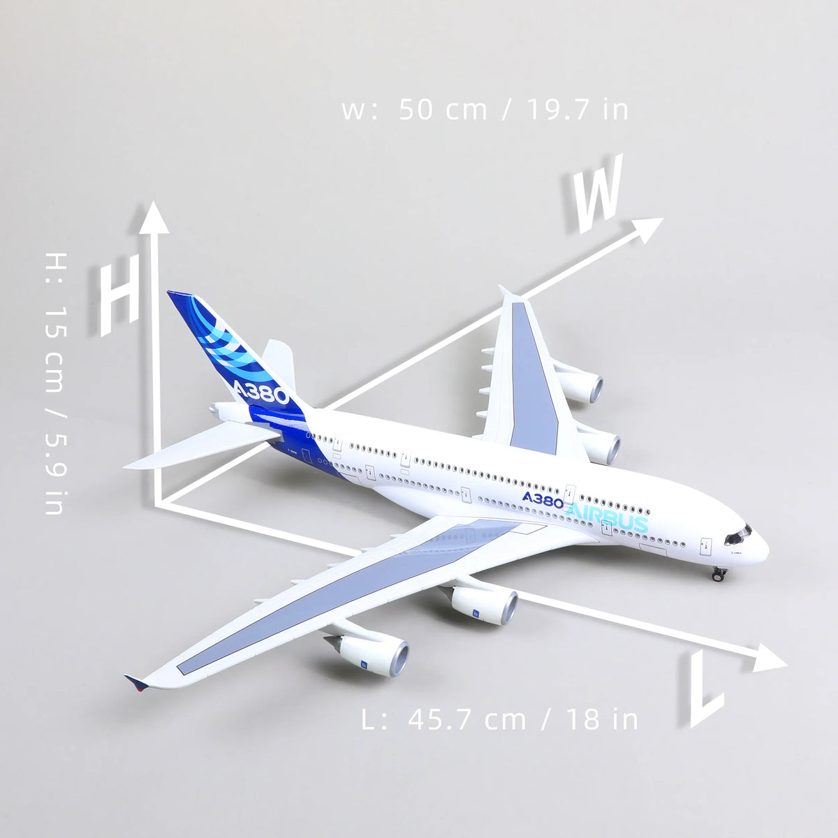 QIYUMOKE Airbus A380 diecast model, top view with dimensions indicated