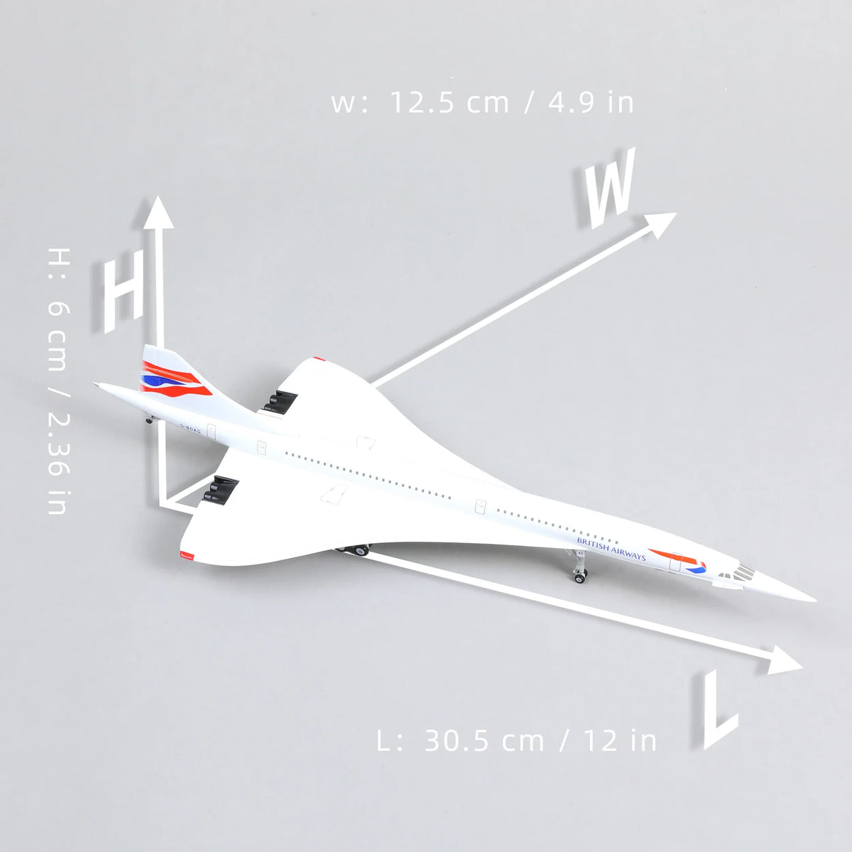 QIYUMOKE 1:200 Aerospatiale/BAC Concorde diecast model aircraft dimensions shown, top view with measurements.
