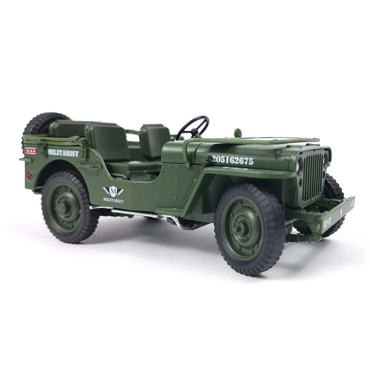 1:18 scale die-cast Willys Military Jeep in green with MILITARIST branding and detailed features.