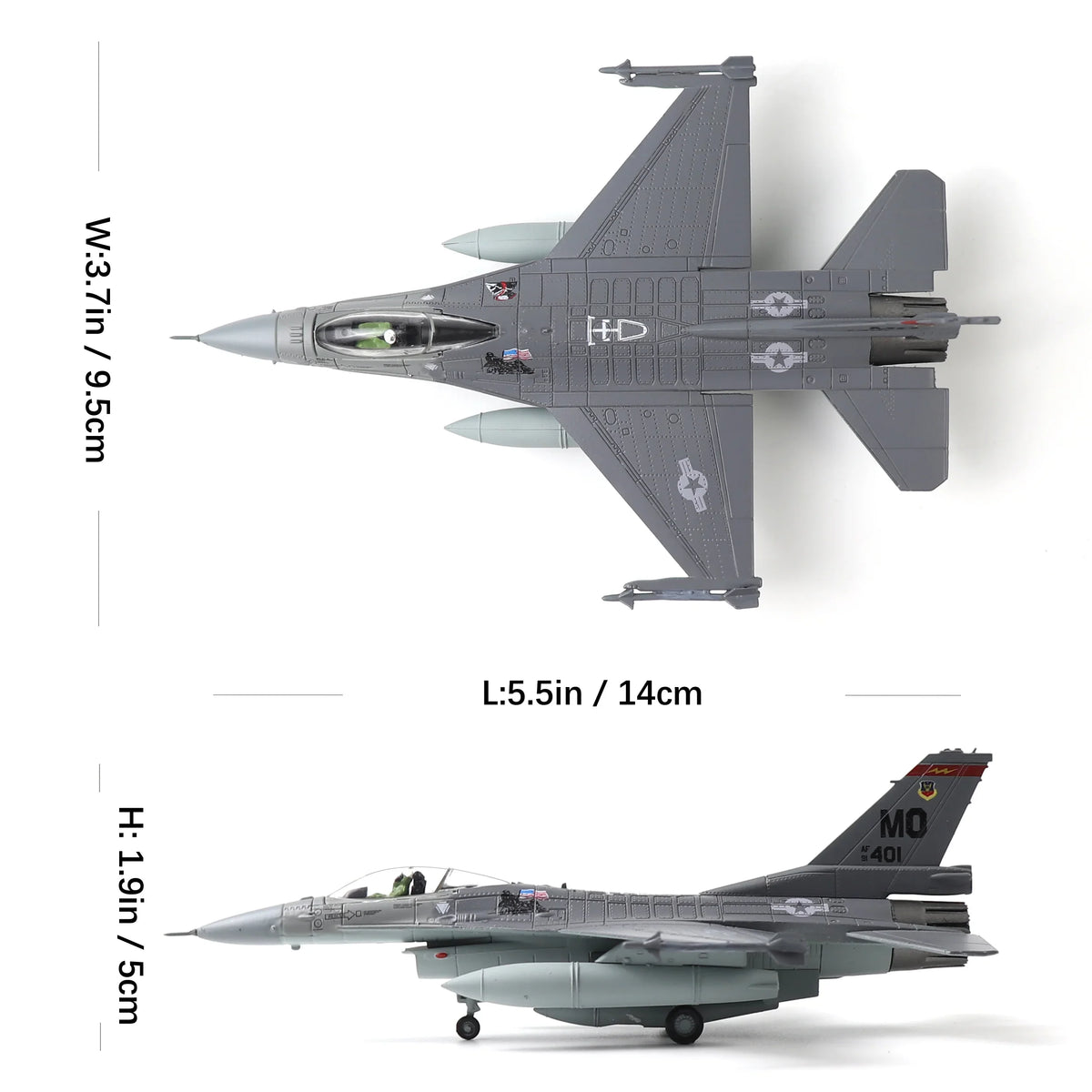 NUOTIE F-16C Fighting Falcon diecast model in gray, top view with dimensions labeled