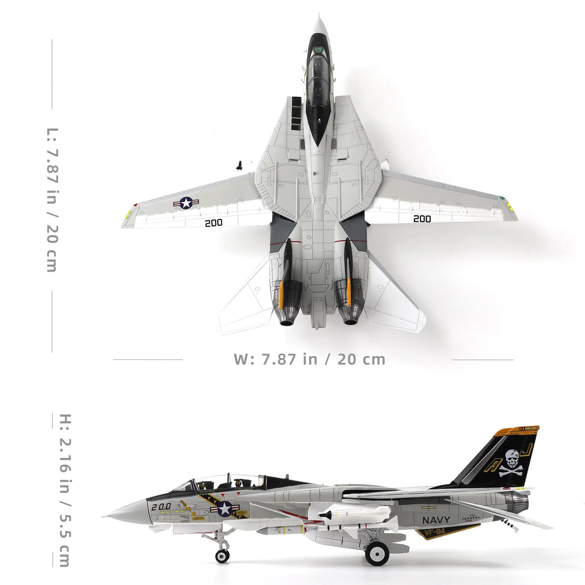NUOTIE Model F-14A Jolly Rogers fighter model in navy color, top view with wings extended